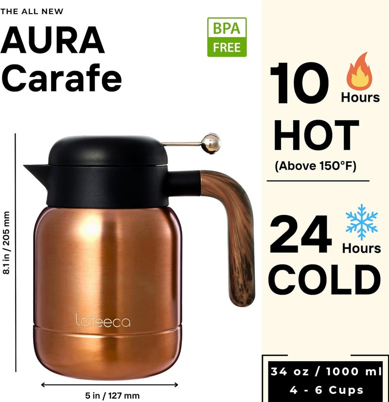 LAFEECA Aura Thermal Coffee Carafe Tea Pot for Keeping Hot & Iced Cold - Vacuum Insulated - Thermos Water Pitcher - Beverage Dispenser - Cool Touch Handle & Lid - BPA Free - 1 Liter - Copper - Image 1